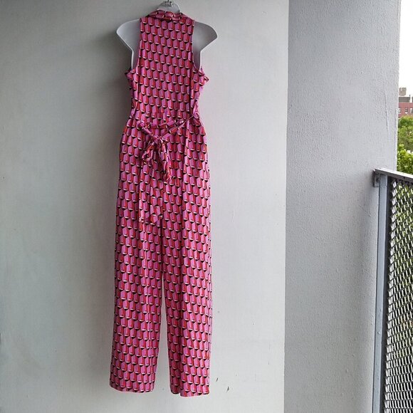Diane Von Furstenberg DVF Sm Target Collar Sleevless Pink Mod Geometric Jumpsuit - Picture 3 of 5